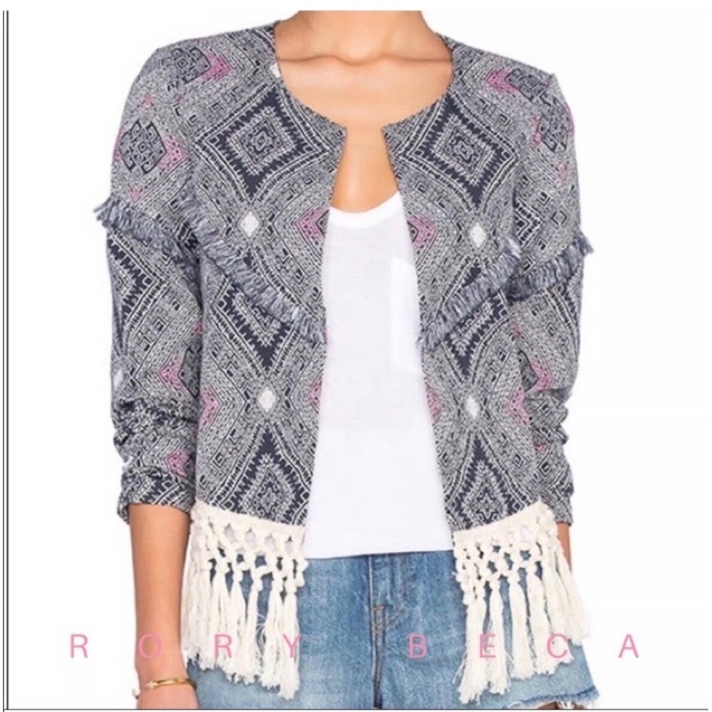 Rory Beca Geometric Fringe Jacket Womens XS Navy Pink Boho Tribal Macrame Open